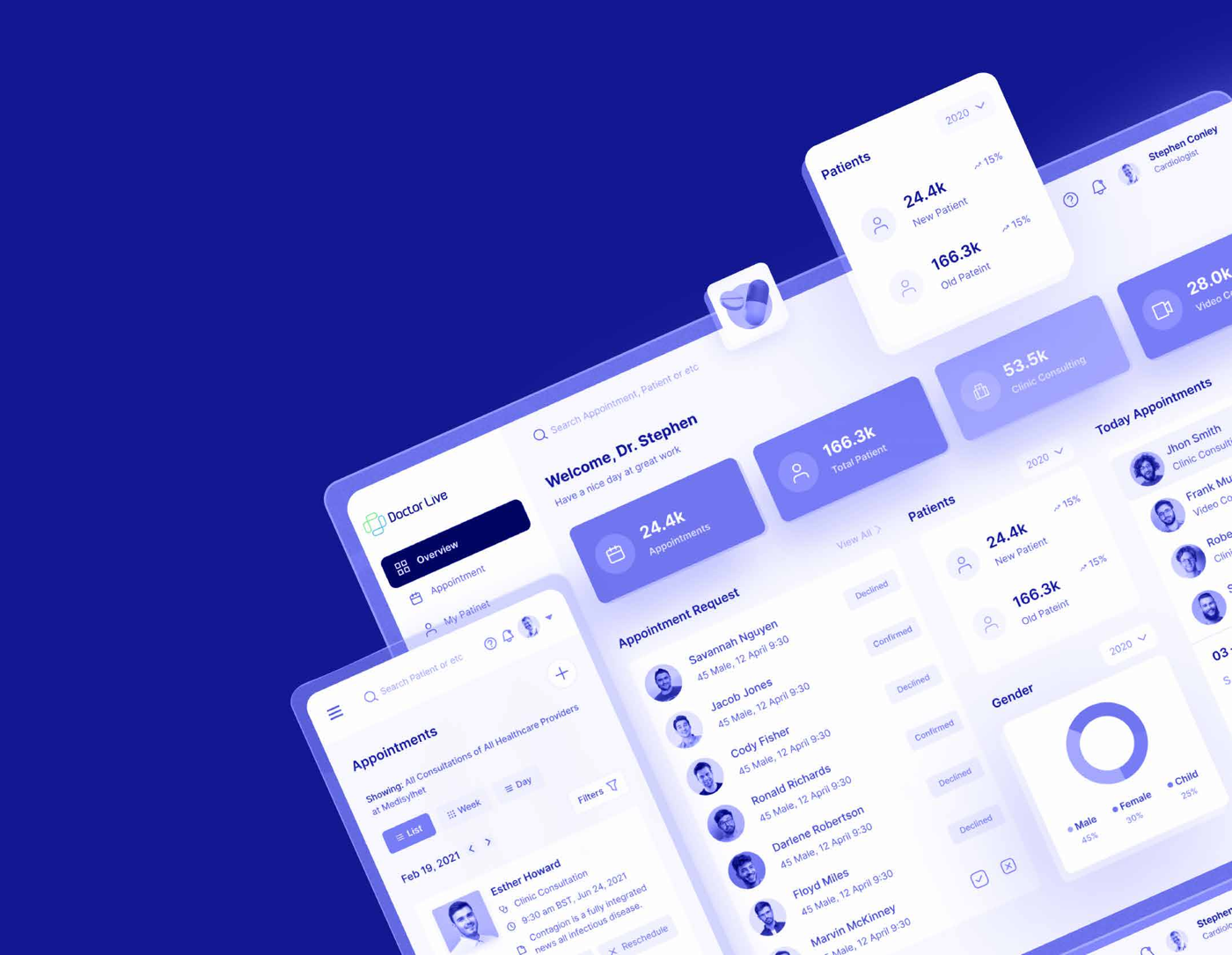 DoctorLive hospital management dashboard showing appointments, patients and analytics
